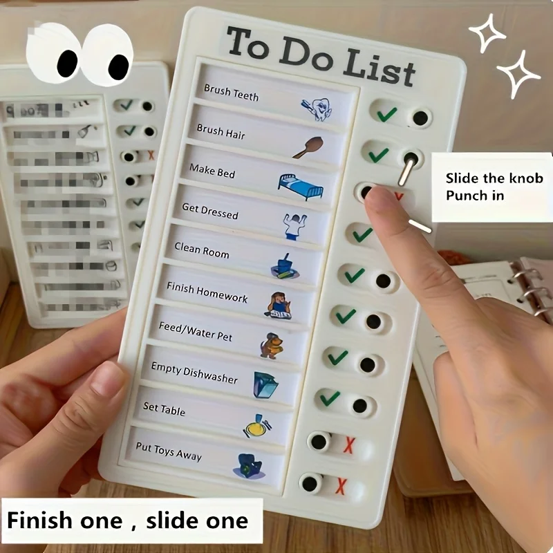 Aufgabenliste für Kinder, Aufgabentabelle, Schiebeknopf-Checkliste für die tägliche Routine von Kindern, visuelle Zeitplantafel für Kleinkinder, pädagogisch Image