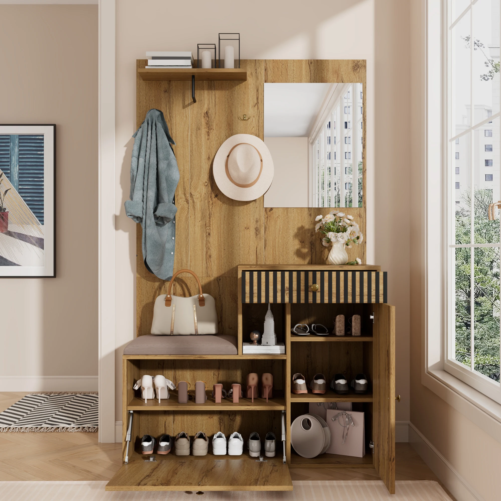 Schuhschrank, Eingangsschrank mit Spiegel und Kissen, Wandschrank, Regale, (Breite x Höhe x Tiefe): 110 x 185,5 x 37 cm