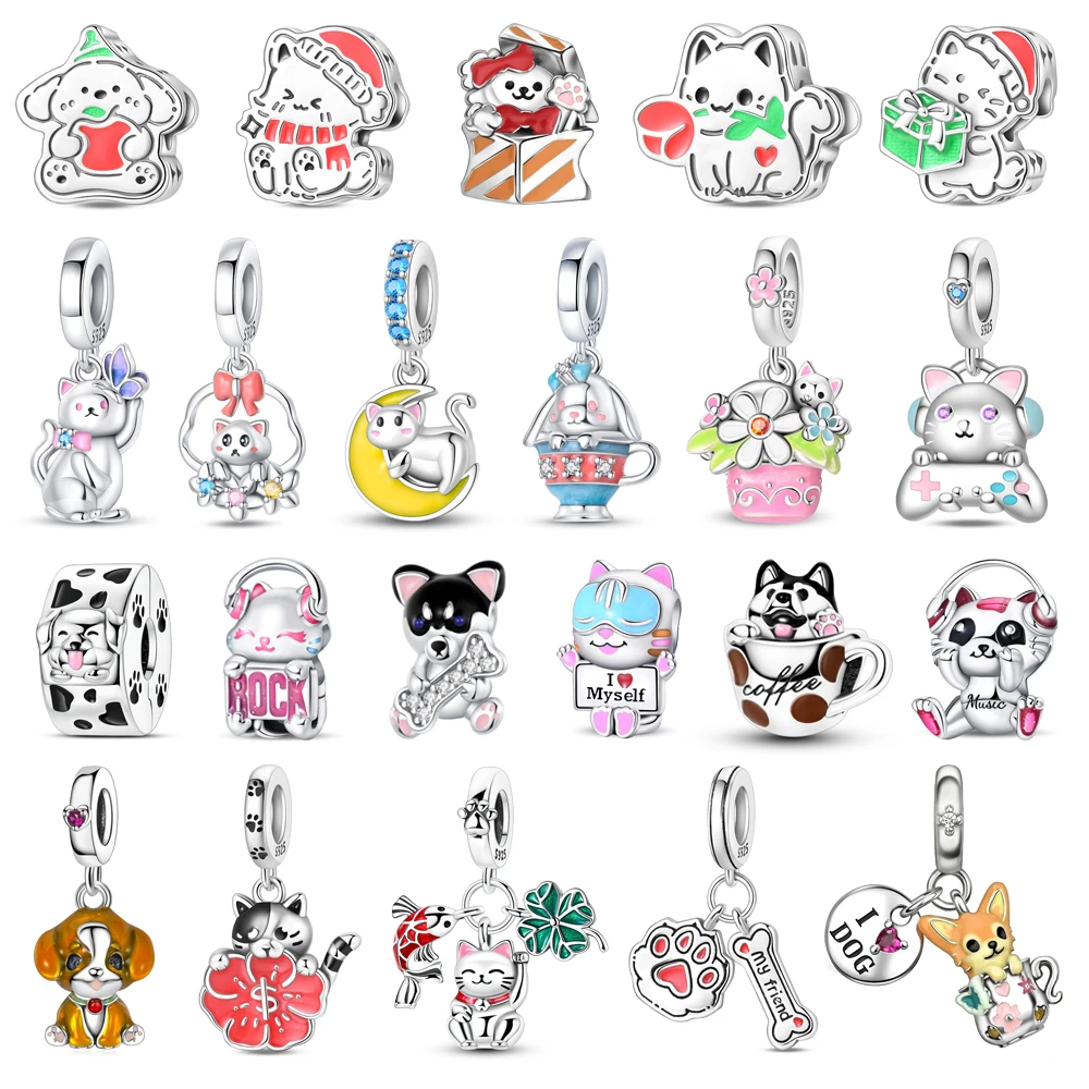 Heißer Verkauf 925 Sterling Silber Welpen Perlen & Mond Katze Baumeln Charme Passt Armband Nette Haustier Anhänger Schmuck Zubehör Geschenke Image