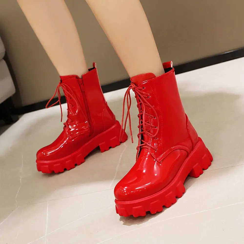 Frauen Stiefel Patent Leder Plattform Schuhe Marke Knöchel Mode High Heel Stiefel Frauen Herbst Winter Warme Plattform Stiefel Schwarz Rot