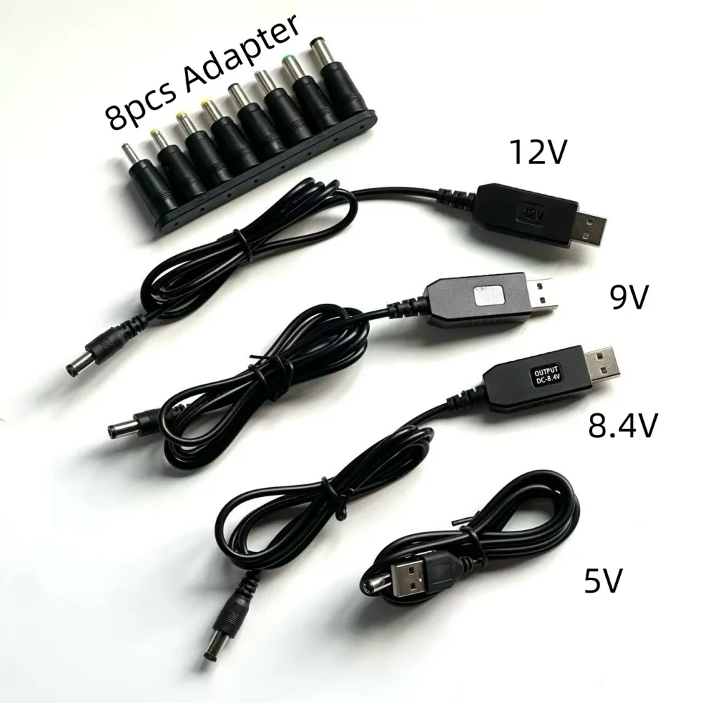 DC-auf-USB-Kabel + 8 verschiedene DC-Anschlüsse, 5,5 mm x 2,1 mm DC-Stecker, 5 V, 8,4 V, 9 V, 12 V DC auf USB-Stecker, Konverterkabel Image