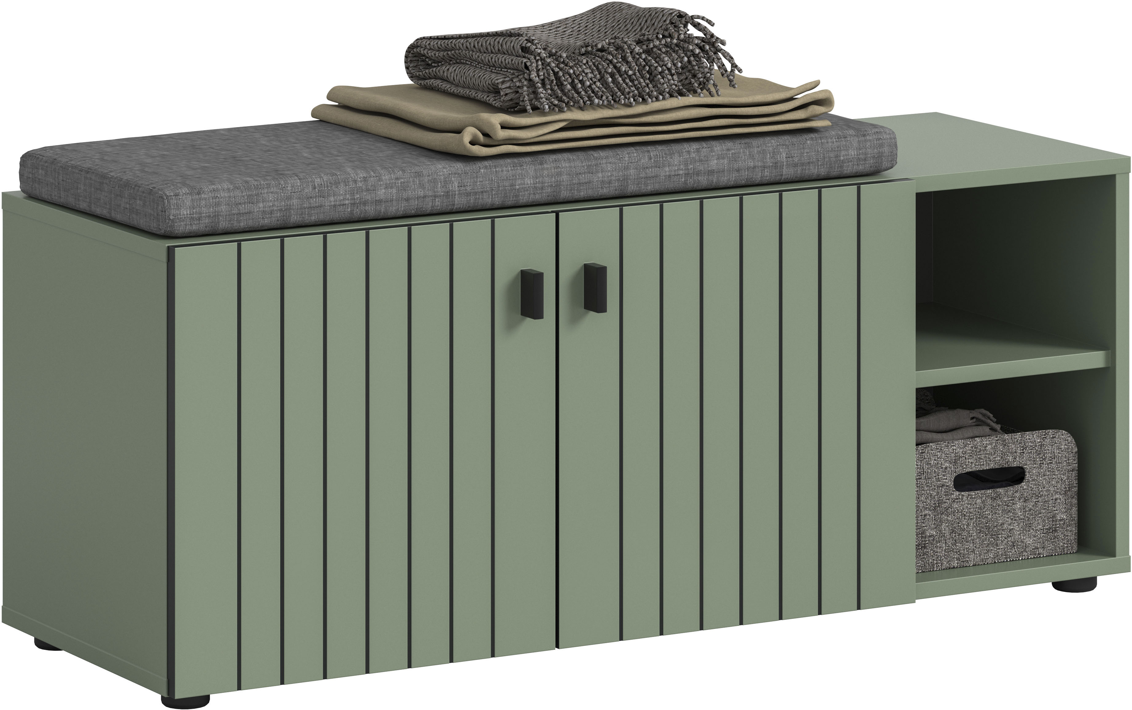 Sitzbank INOSIGN "TATIO, 106x43x37 cm, 2 Türen, 2 offene Fächer", smoke grün nachbildung, B:106cm H:44cm T:37cm, FSC-zertifizierter Holzwerkstoff, Sitzbänke, Sitzbank, Garderobensitzbank, Sitzbank Flur mit Stauraum, Sitzkissen wählbar