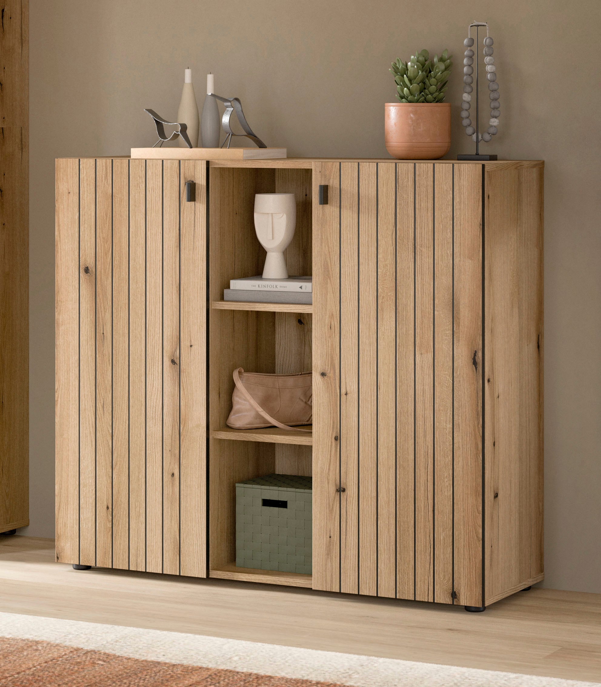 Schuhschrank INOSIGN "TATIO, Breite 106 cm, Rillenoptik, offene Fächer, 2 Türen", evoke oak nachbildung, B:106cm H:96cm T:37cm, FSC-zertifizierter Holzwerkstoff, Schränke, Schuhschrank