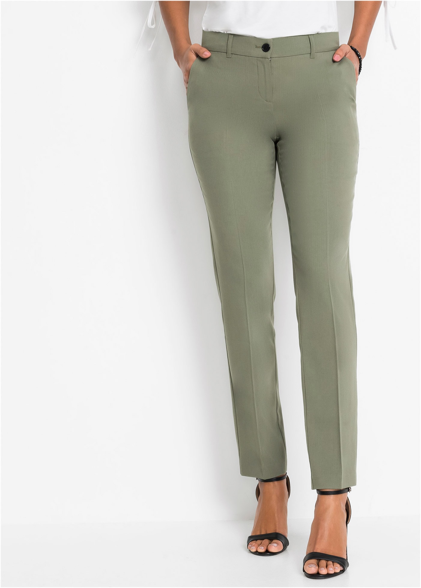 Anzughose BONPRIX "Anzugshose", Damen, Gr. 42, K-Gr, grün (oliv), Obermaterial: 76% Polyester, 22% Viskose, 2% Elasthan, slim fit, Hosen Anzughose, Anzugshose