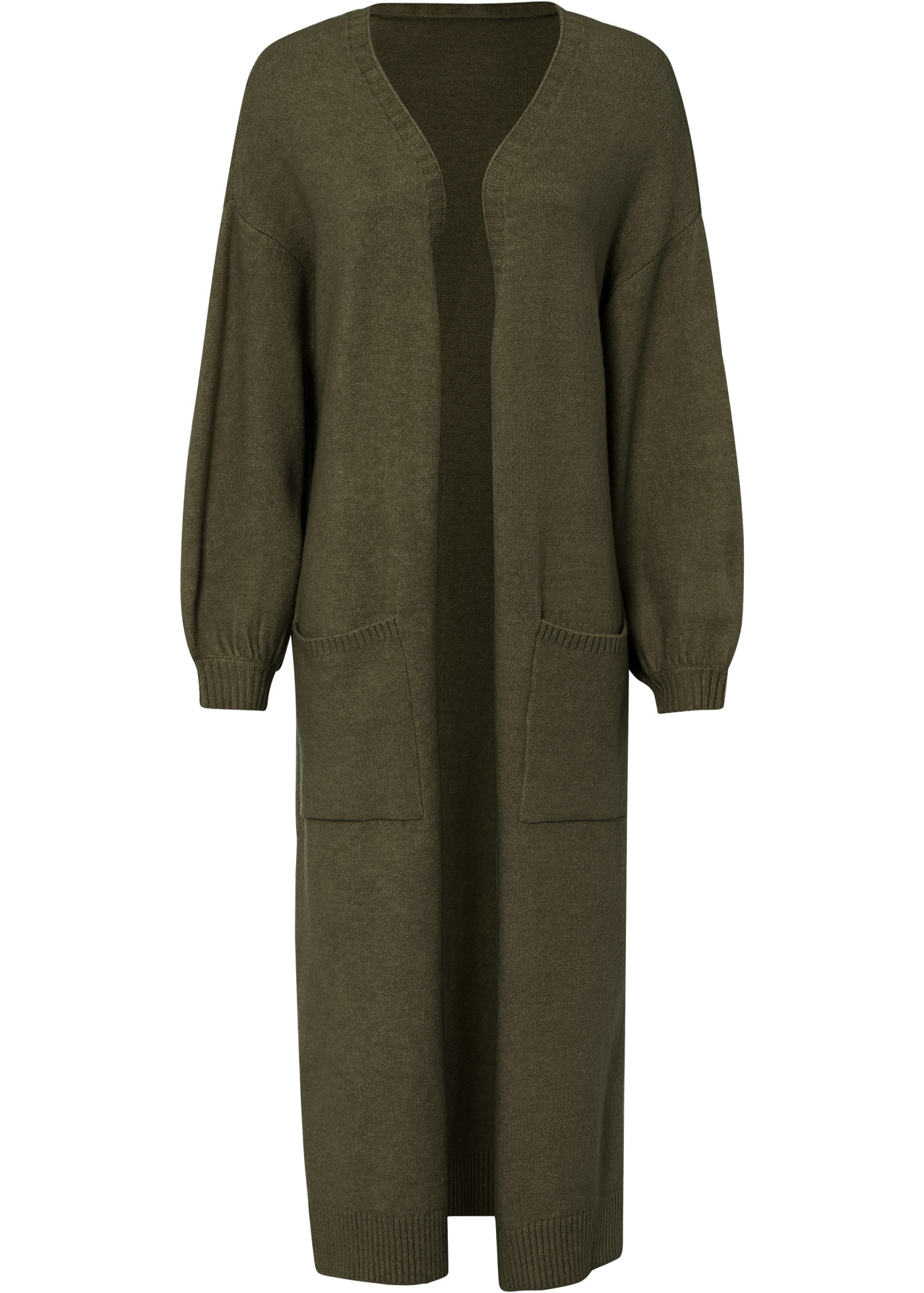 Strickjacke BONPRIX "Oversize-Strickjacke in Midilänge", Damen, Gr. 40/42 (M), grün (dunkeloliv), Obermaterial: 75% Polyacryl, 22% Polyester, 3% Elasthan, oversize, Strickjacken Strickjacke, Oversize-Strickjacke in Midilänge