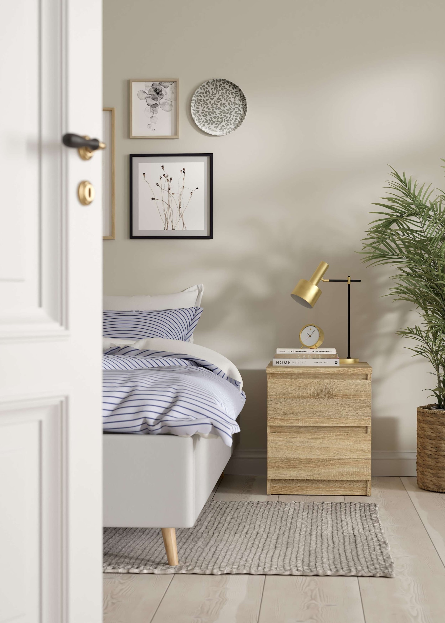 Nachttisch INOSIGN "Naia", eichenfarben, eichenfarben, eichenfarben, B:40,4cm H:49,5cm T:50cm, Tische, Nachttisch, Eleganter Nachttisch mit 2 Schubladen