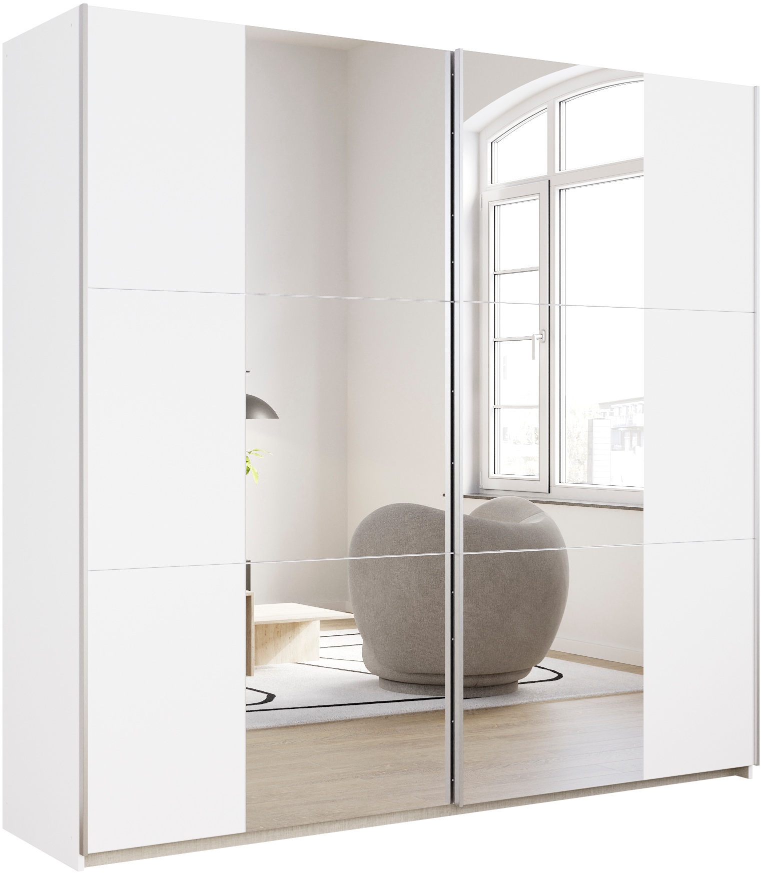 Schwebetürenschrank RAUCH "Kleiderschrank Drehtürenschrank Schrank Garderobe KRONACH TOPSELLER", weiß (alpinweiß, griffleisten alu, 2 spiegel), B:218cm H:210cm T:59cm, Holzwerkstoff, Schränke, Schwebetürenschrank, mit Spiegel und viel Stauraum,...