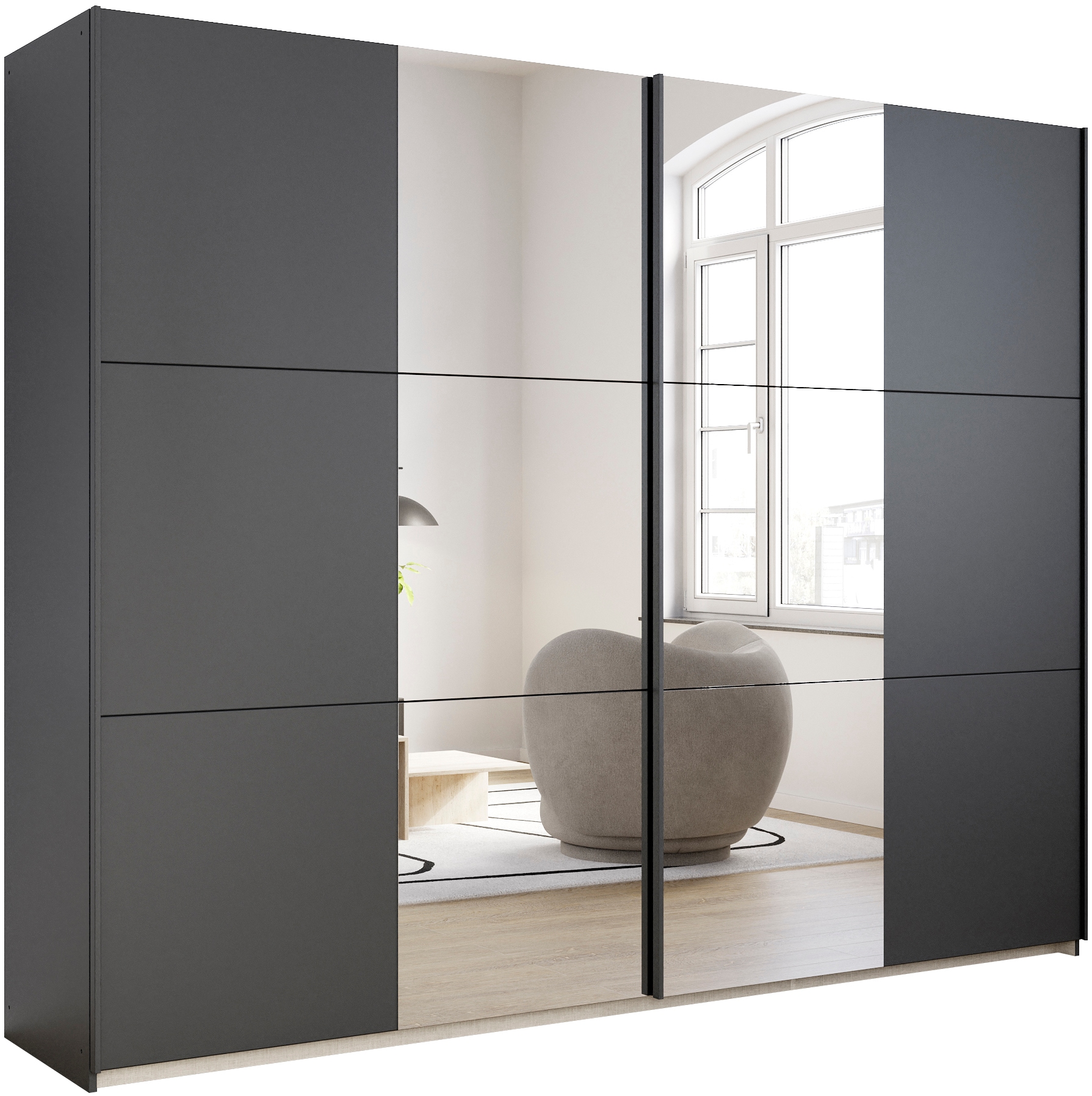 Schwebetürenschrank RAUCH "Kleiderschrank Drehtürenschrank Schrank Garderobe KRONACH TOPSELLER", grau (graumetallic, griffleisten grau, 2 spiegel), B:261cm H:210cm T:59cm, Holzwerkstoff, Schränke, Schwebetürenschrank, mit Spiegel und viel Stauraum,...