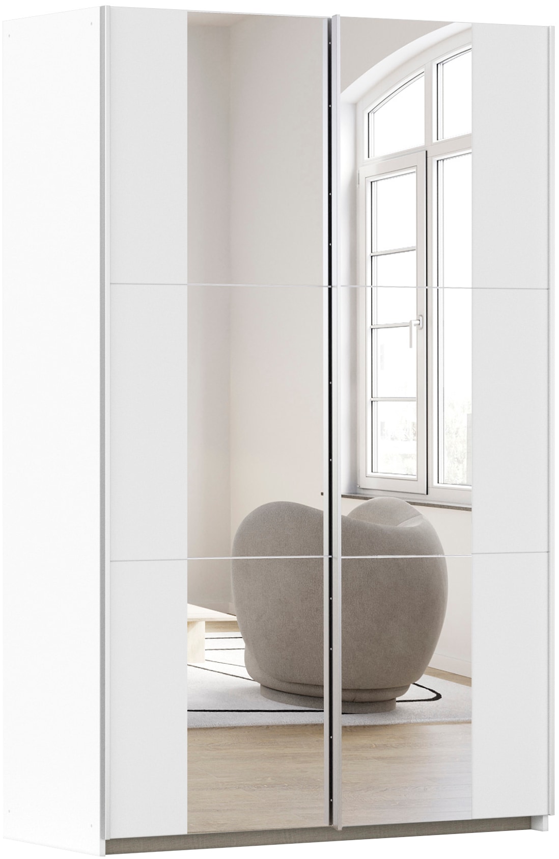 Schwebetürenschrank RAUCH "Kleiderschrank Drehtürenschrank Schrank Garderobe KRONACH TOPSELLER", weiß (alpinweiß, griffleisten alu, 2 spiegel), B:131cm H:210cm T:59cm, Holzwerkstoff, Schränke, Schwebetürenschrank, mit Spiegel und viel Stauraum,...