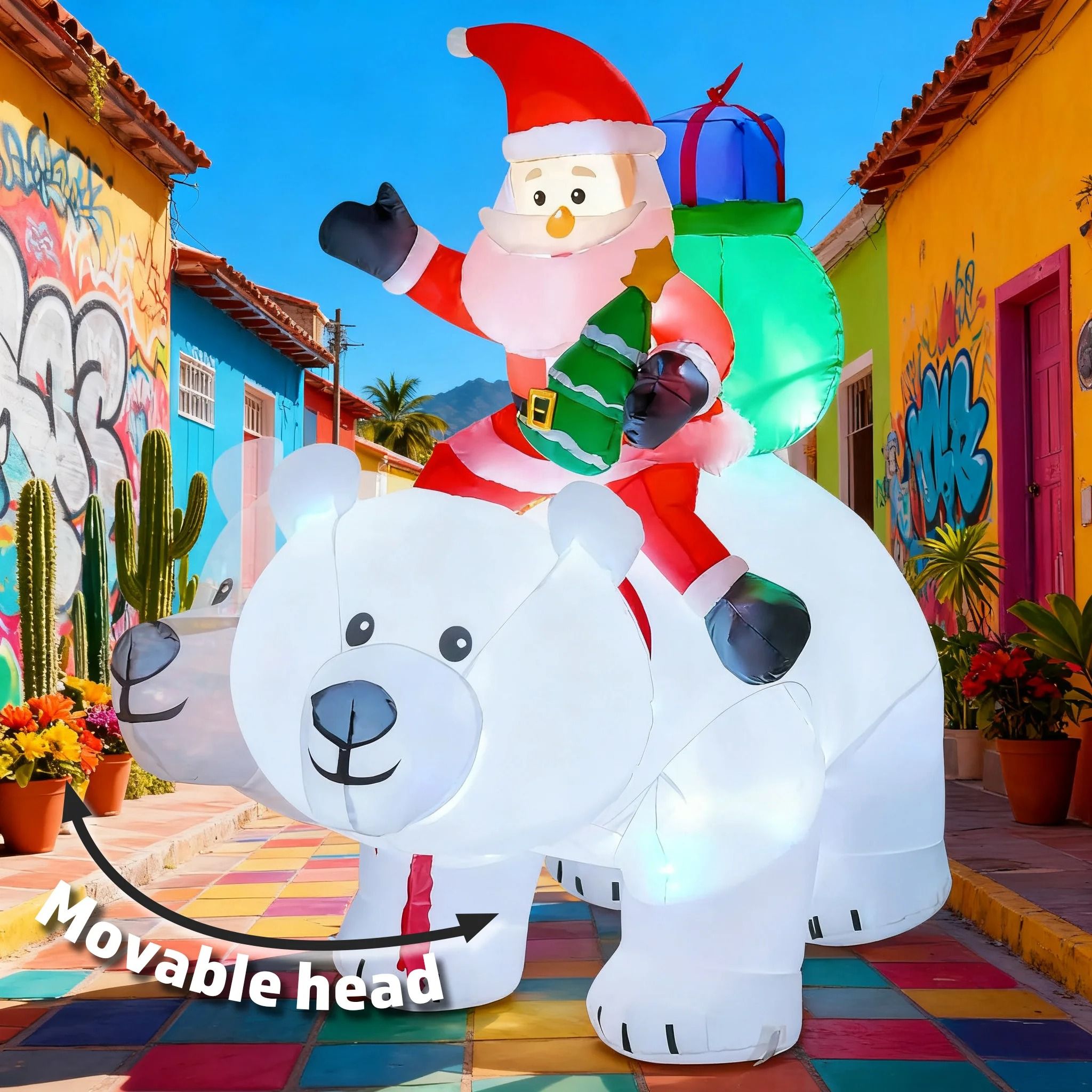 Movable Head Bear Santa Christmas Inflatable Yard Decoration With LED Light uk 245 Cm Sitting Santa