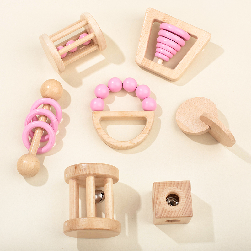 Wooden Montessori Toys, Baby Rattle Set, Safe Food Grade Rattle, Toddler Gift 7pcs Pink