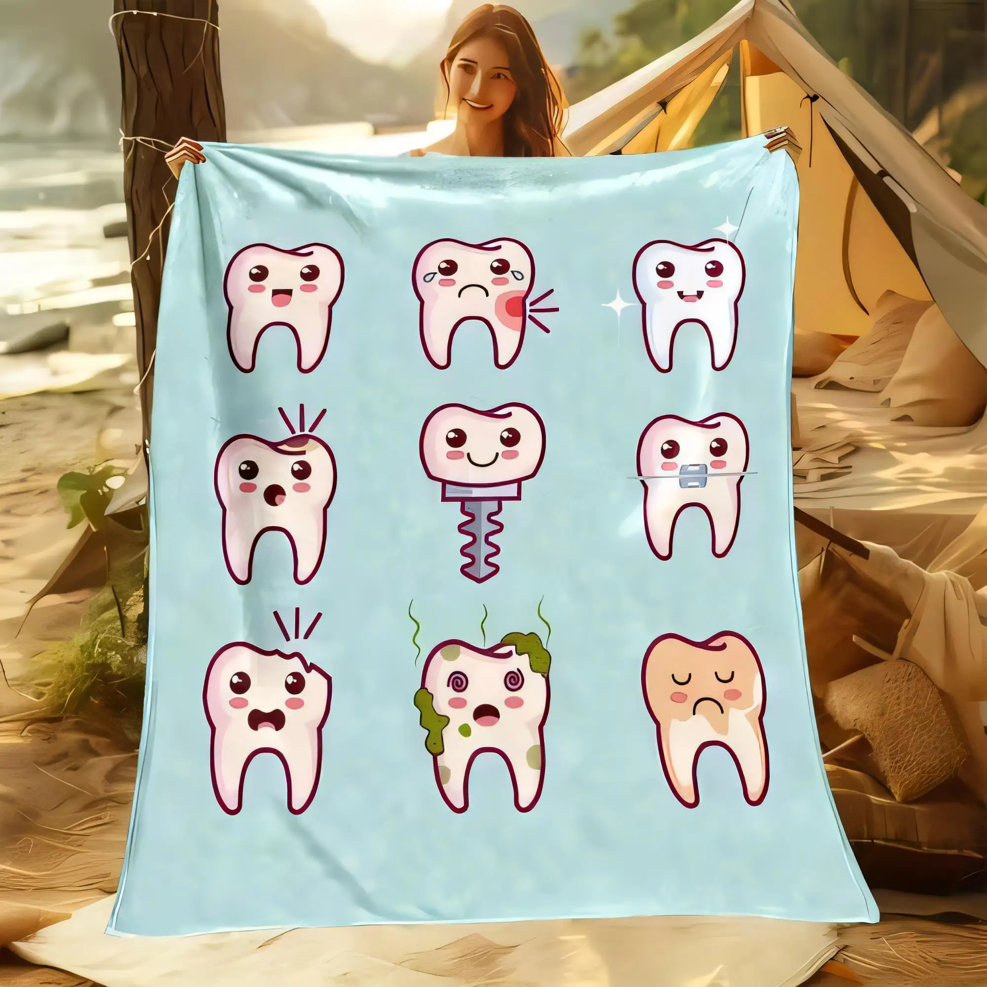 Cartoon-Zahndecke, 3 x 3 Gitterdesign mit glücklichen und traurigen Gesichtern, hellblauer weicher Überwurf für Kinder, perfekt für Camping oder Outdoor A Image