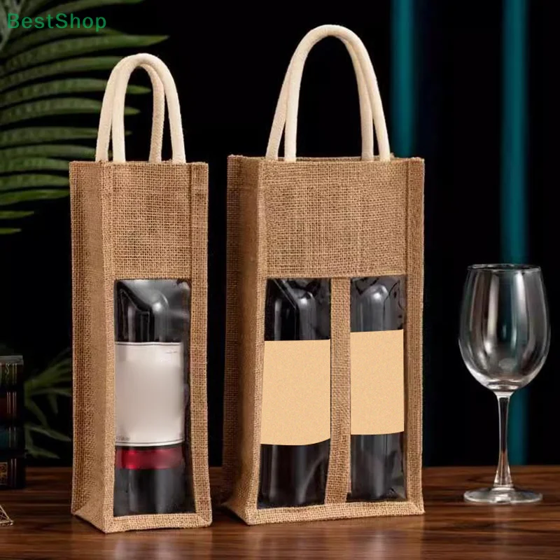  Geschenktüte aus Sackleinen mit Fenster, Rotwein, Leinen-Tragetasche, Einzel- und Doppelflasche, Champagner-Paket, Taschen, Hochzeitsgeschenke für Gäste Image