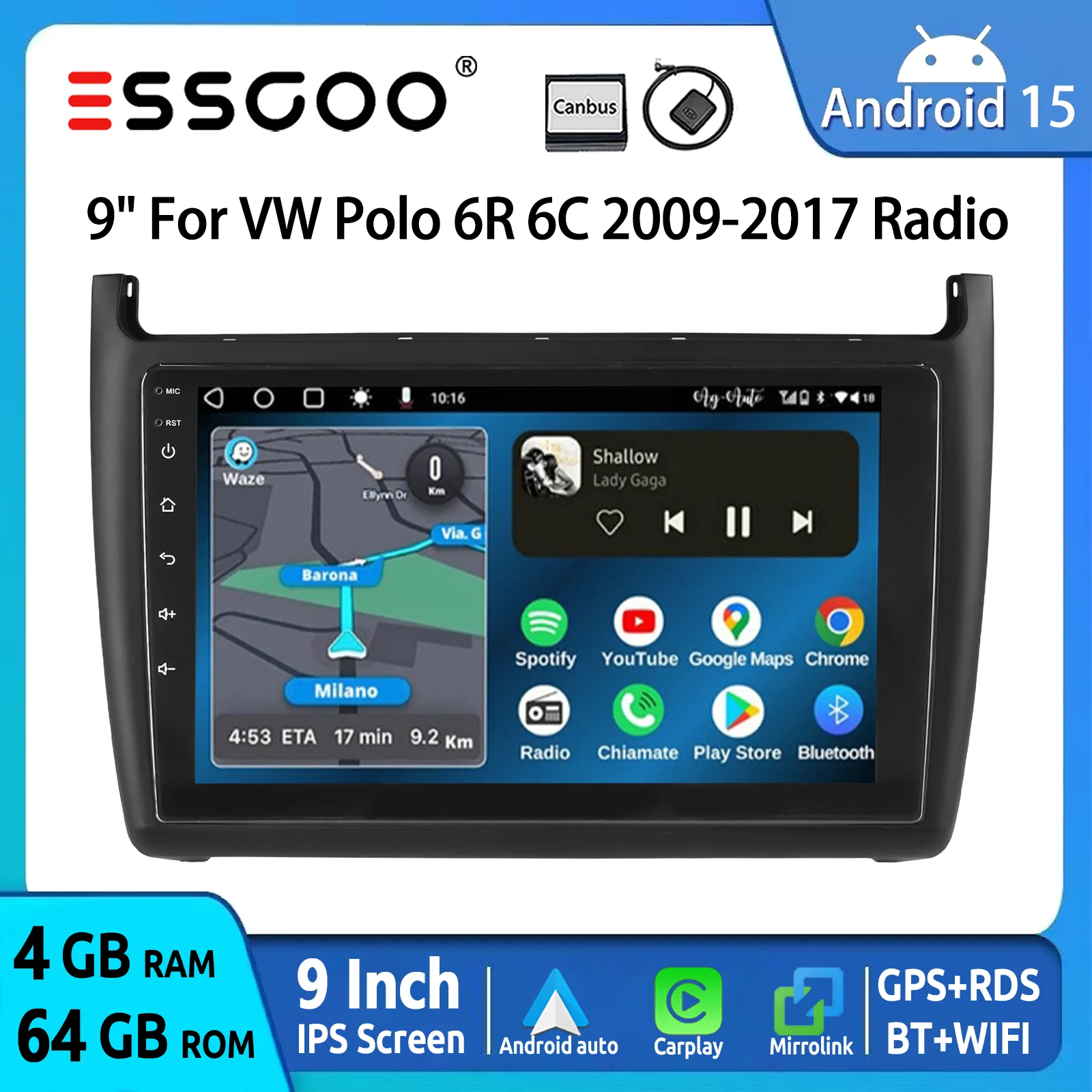 Autoradio ESSGOO Android 15 9 Zoll 64G für VW Polo MK5 6R 6C 2011-2016 Drahtloses CarPlay Android Auto GPS Navigation WIFI RDS Lenkradsteuerung Bluetooth FM Mirror Link KI-Stimme ChatGPT IPS Image