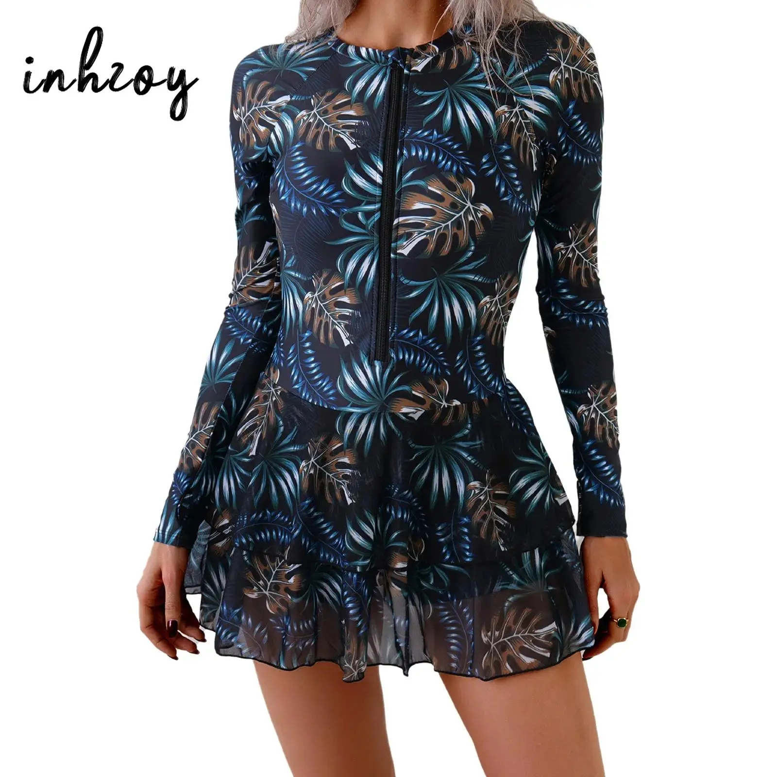 Einteiliger Sonnenschutz-Badeanzug für Damen, bedruckt, Rashguard, langärmelig, Reißverschluss vorne, Stufenrock, enger und elastischer Badeanzug Image