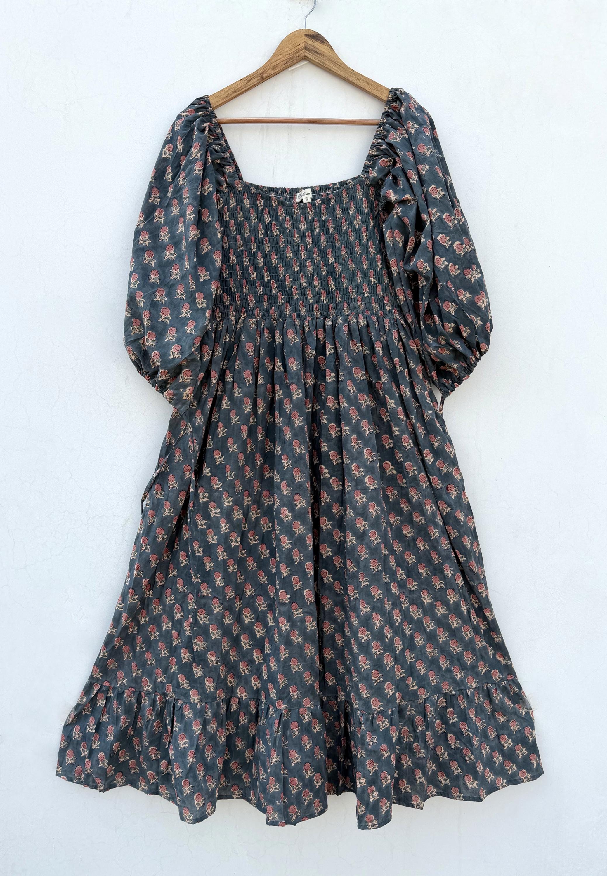 Abito lungo estivo casual da donna in cotone / Abito lungo boho con scollo quadrato e arricciature / Abito lungo a maniche a 3/4 con lacci in cotone