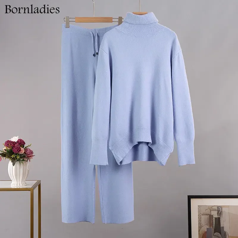 Bornladies Rollkragen Gestrickte Sets Frauen Lose Pullover + Breite Bein Hose Trainingsanzug Weibliche Dicke Warme 2 Stück Sets Frauen Outfits Image