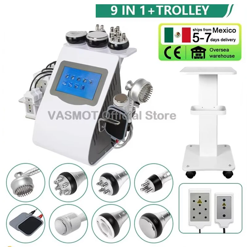 6/9 In 1 40K Frequenz Ultraschall Kavitation Körper Vibration Massage Form Abnehmen Maschine Mit Trolley Vakuum Radio Lipo Laser Image