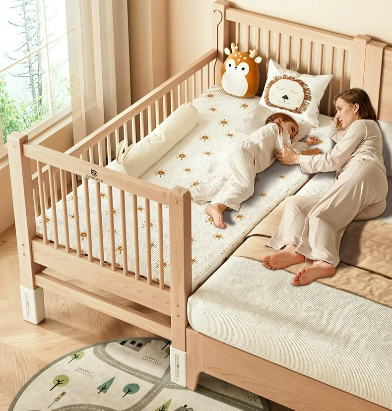 Anpassbares Massivholz-Spleißbett für Kinder, breites Spleißartefakt, flaches Baby, kann das Nachttischbett anheben Image