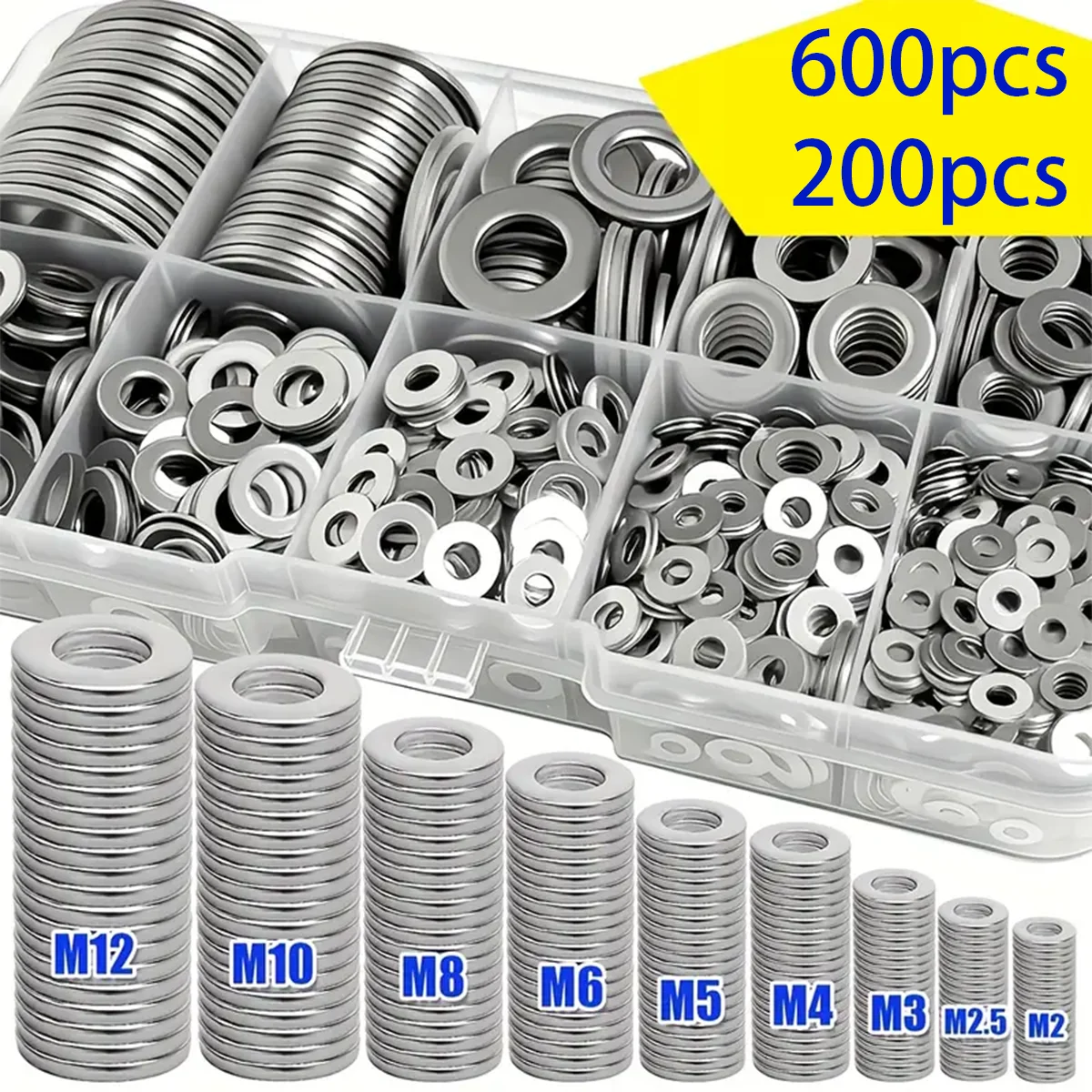 600 Stück flache Unterlegscheiben aus Edelstahl, Bolzen, Kotflügel-Unterlegscheiben, 9 Größen Metall-Unterlegscheiben-Sets für den Heim-, Fabrik- und Automobilgebrauch Image