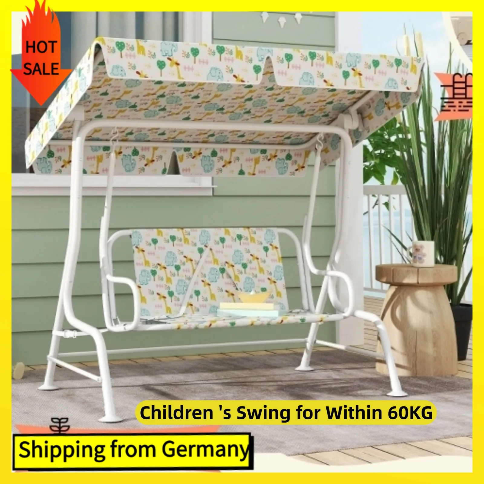 Comanlai Kinderschaukel für 60 kg, 2-Sitzer-Gartenschaukel, Terrassenschaukelstuhl mit verstellbarem Schiebedach, Schaukelbank, Hängesessel