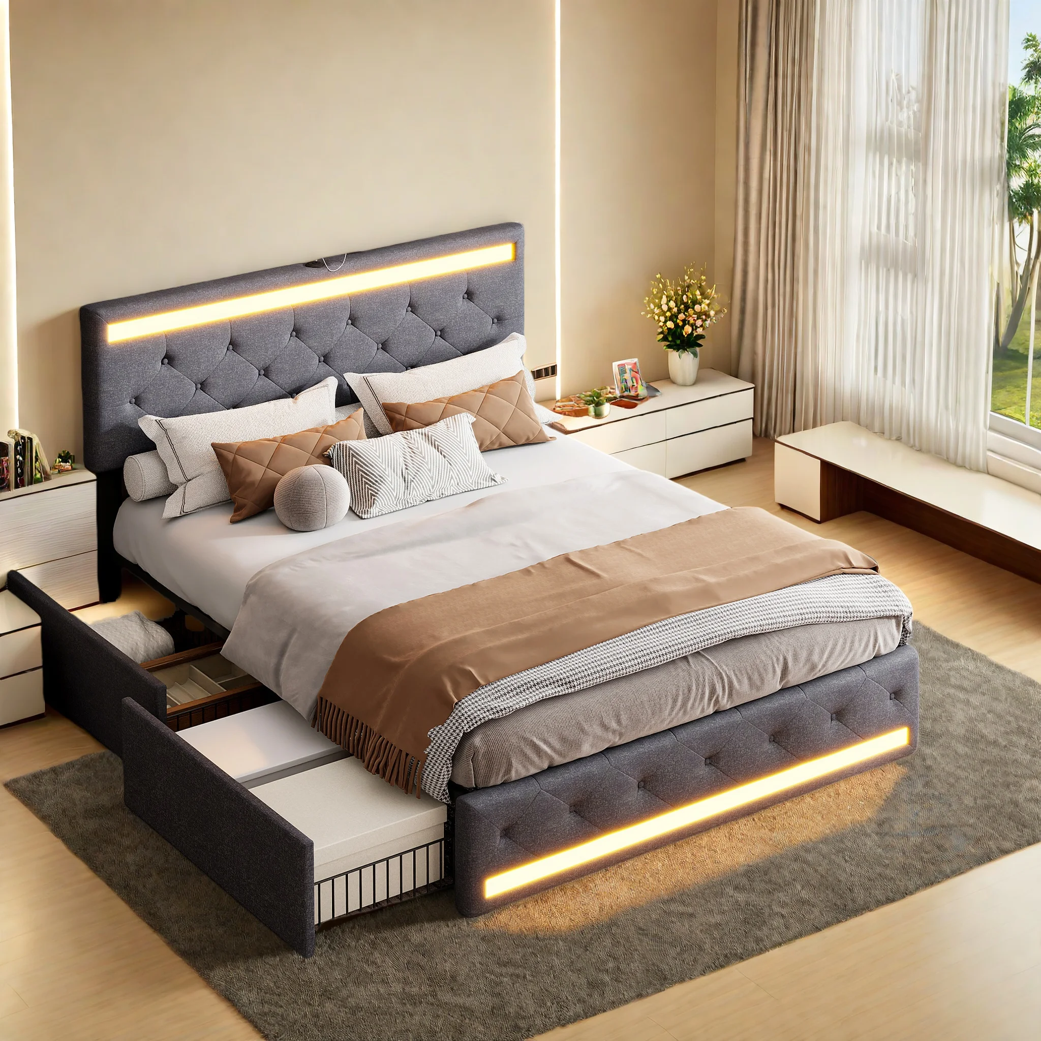 Letto imbottito 180x200cm con contenitore, letto matrimoniale con 4 cassetti, letto contenitore con testiera regolabile, letto per bambini con LED e porta USB, letto funzionale con rete a doghe, lino,