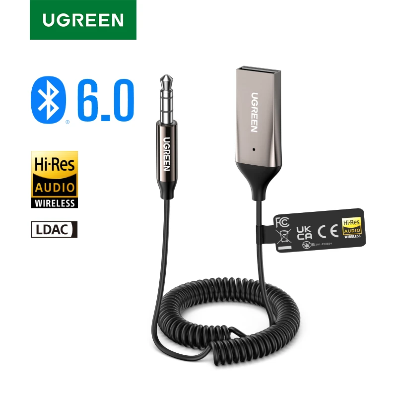 UGREEN Adattatore Aux a Bluetooth 6.0 Ricevitore Bluetooth da 3,5 mm LDAC Audio ad alta risoluzione per auto Kit jack da USB a 3,5 mm con microfono Aux