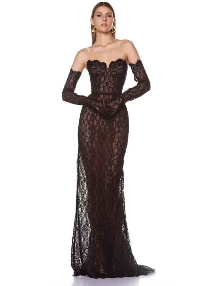 2025 frauen Promi Sexy Liebsten Backless Schwarz Spitze Maxi Lange Kleider Kleid Elegante Abend Party Club Vestido