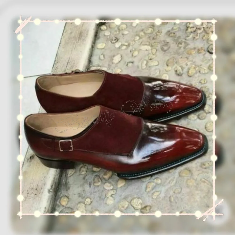 Rote Patchwork-Samt-Patent-Männerschuhe mit Gürtel-Dekor, Herren-Kleiderschuhe, Herren-Slipper, Party-Schuhe, große Größe 47, Sprig, Herbst