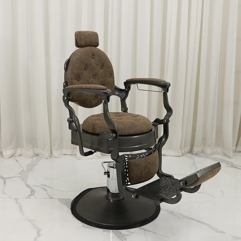 Keyunshi Vintage-Friseurstuhl mit getuftetem Design, brauner Leder-Salonstuhl für den Friseursalon, verstellbarer, liegender Friseursitz mit Image