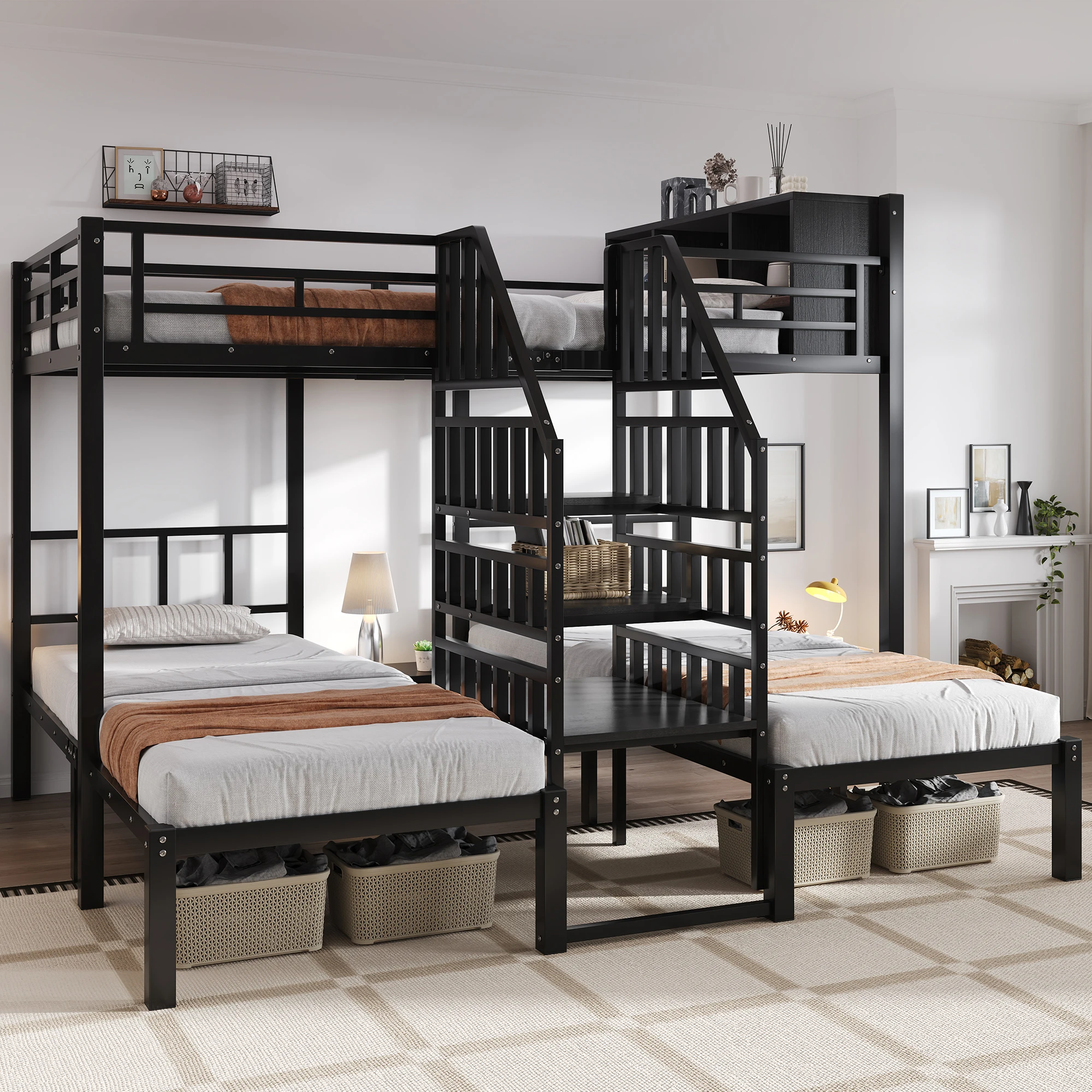 Dreifach-Etagenbett aus Metall, 90 x 200 cm und 140 x 200 cm, mit Treppen und Handläufen, stabiler Rahmen, oberer Stauraum, schwarz Image