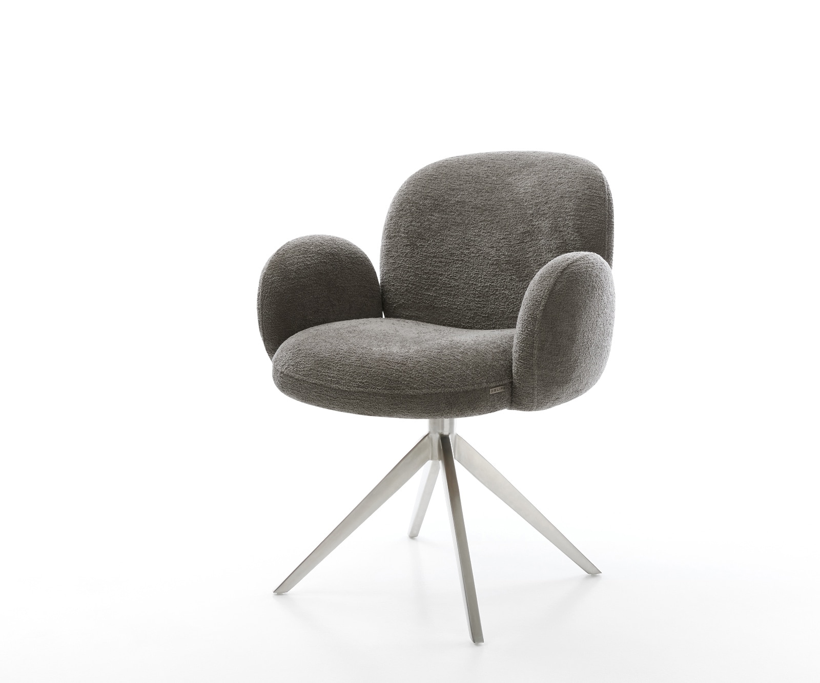 DELIFE Drehstuhl Nube-Flex mit Armlehnen Bouclé Soft Schlamm Kreuzgestell breit Edelstahl 360° drehbar Wippfunktion Taschenfederkern, Esszimmerstühle Image