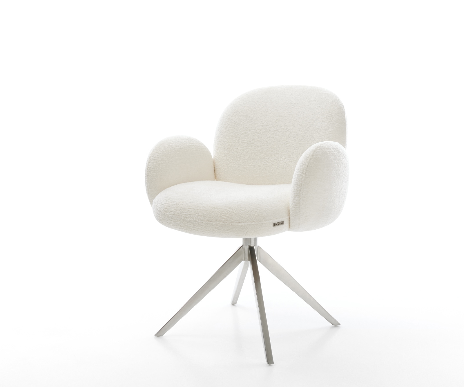 DELIFE Drehstuhl Nube-Flex mit Armlehnen Bouclé Soft Beige Kreuzgestell breit Edelstahl 360° drehbar Taschenfederkern, Esszimmerstühle Image