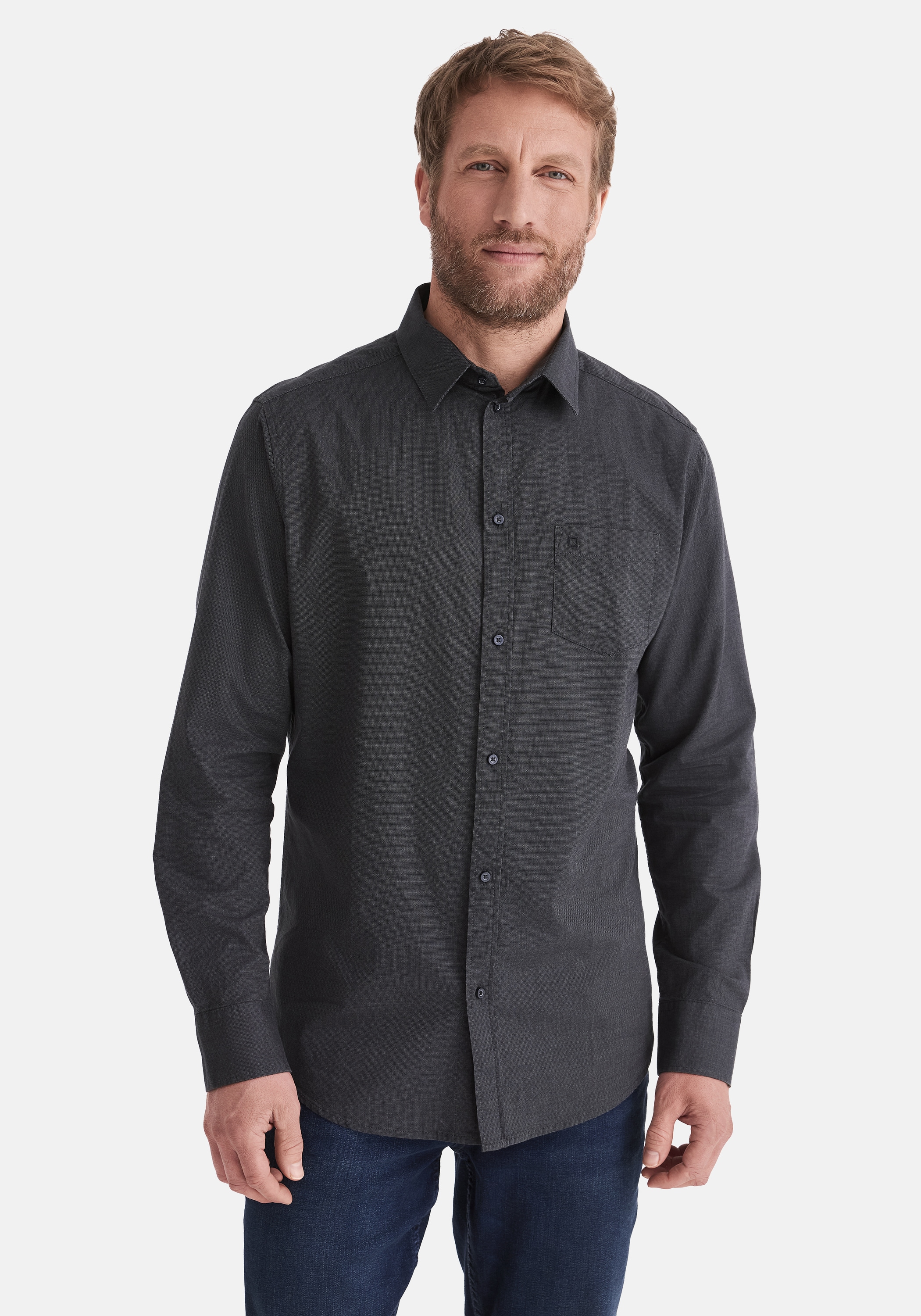 Langarmhemd STOOKER MEN "HUGH Hemd Langarm Regular Fit", Herren, Gr. M, US-Größen, anthra structure, Stoff, 60% Baumwolle, 40% Polyester, regular fit, Hemden, Langarm Hemd Regular Fit für Herren