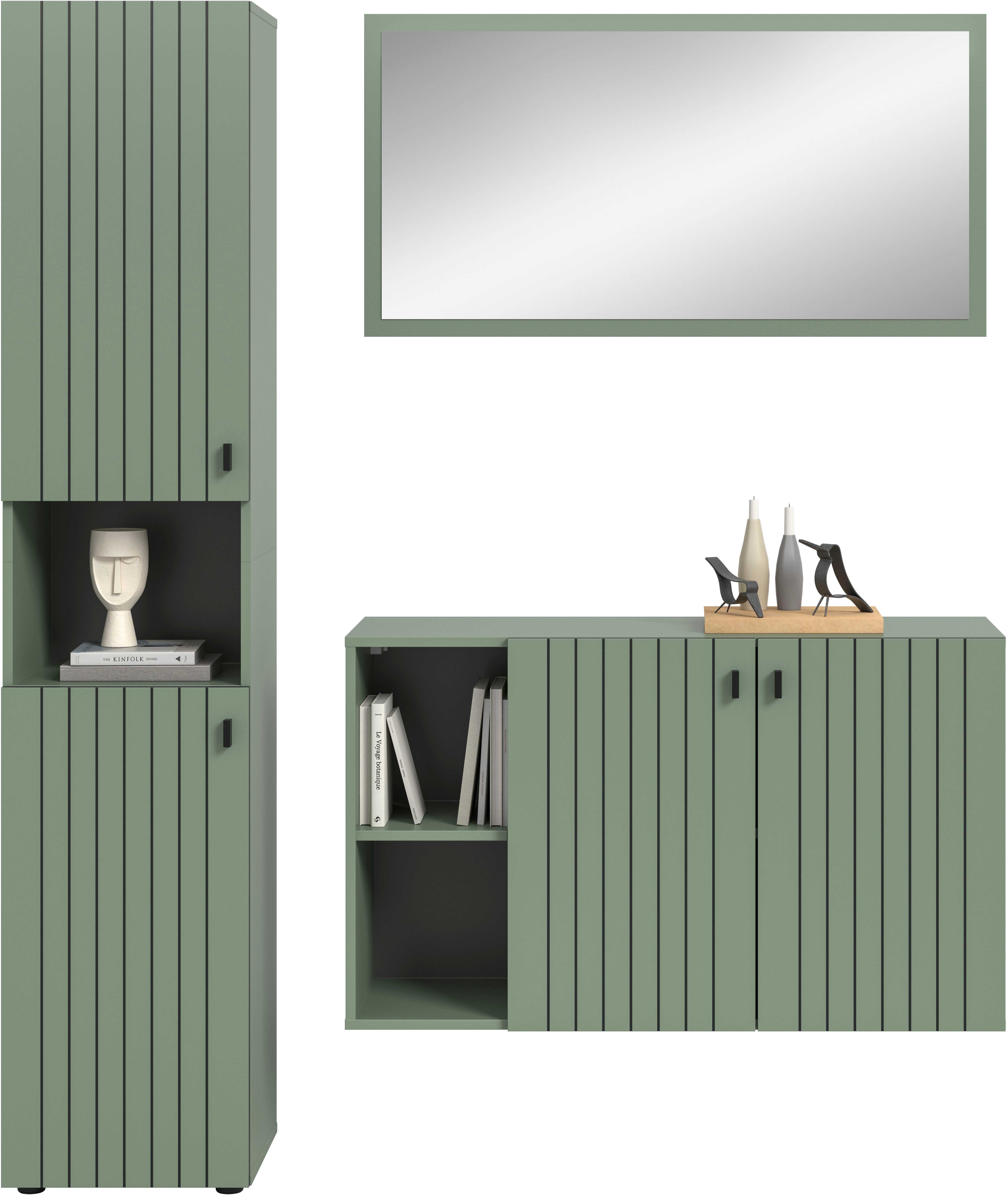 Garderoben-Set INOSIGN "TATIO, 3-tlg. Garderobenkombination, Breite: 161 cm, Rillenfräsung", smoke grün nachbildung, B:161cm H:192cm T:37cm, Holzwerkstoff, Kastenmöbel-Sets, Garderobenkombination, Kombi, Flur-Möbel, Spiegel,Schuhkommode