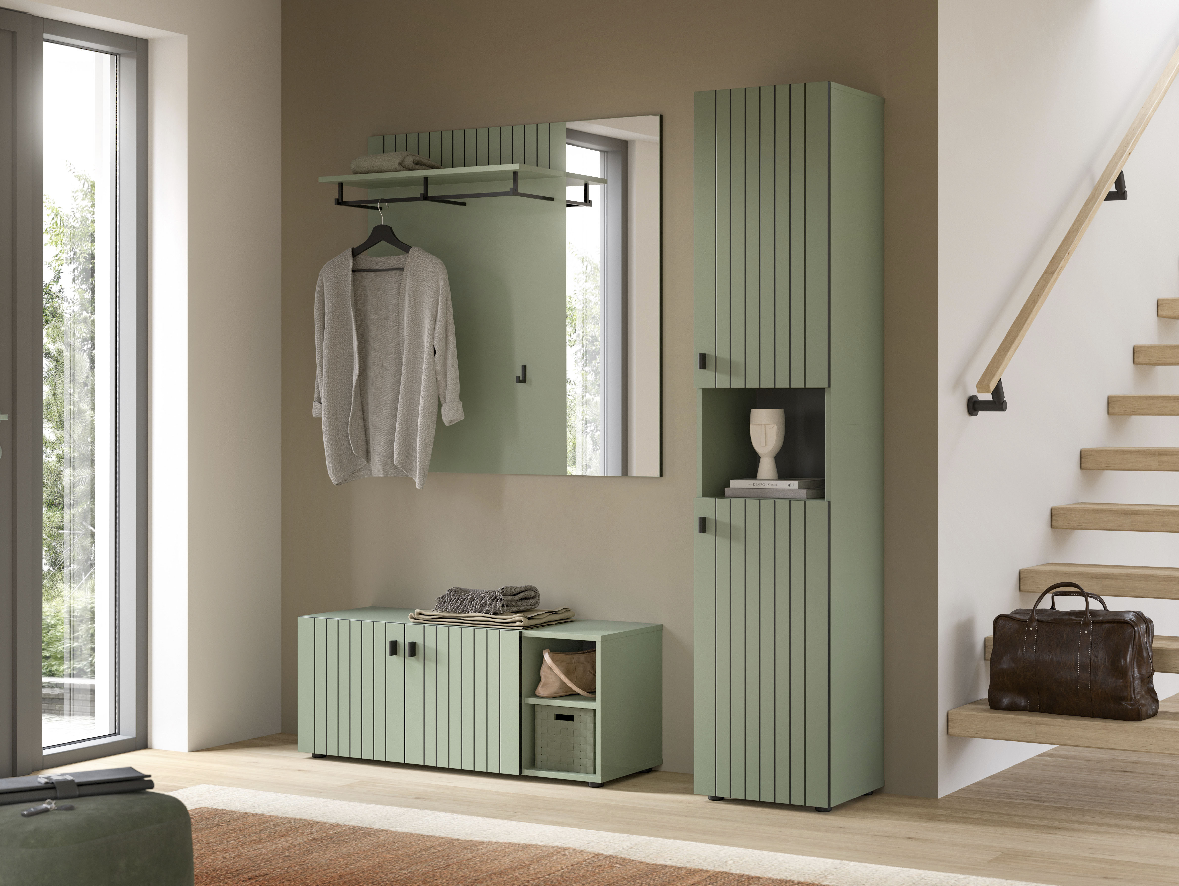 Garderoben-Set INOSIGN "TATIO, 3-tlg. Garderobenkombination, Breite: 161 cm, Rillenfräsung", smoke grün nachbildung, B:161cm H:192cm T:37cm, Holzwerkstoff, Kastenmöbel-Sets, Garderobenkombination, Kombi, Flur-Möbel, Spiegel, Sitzbank