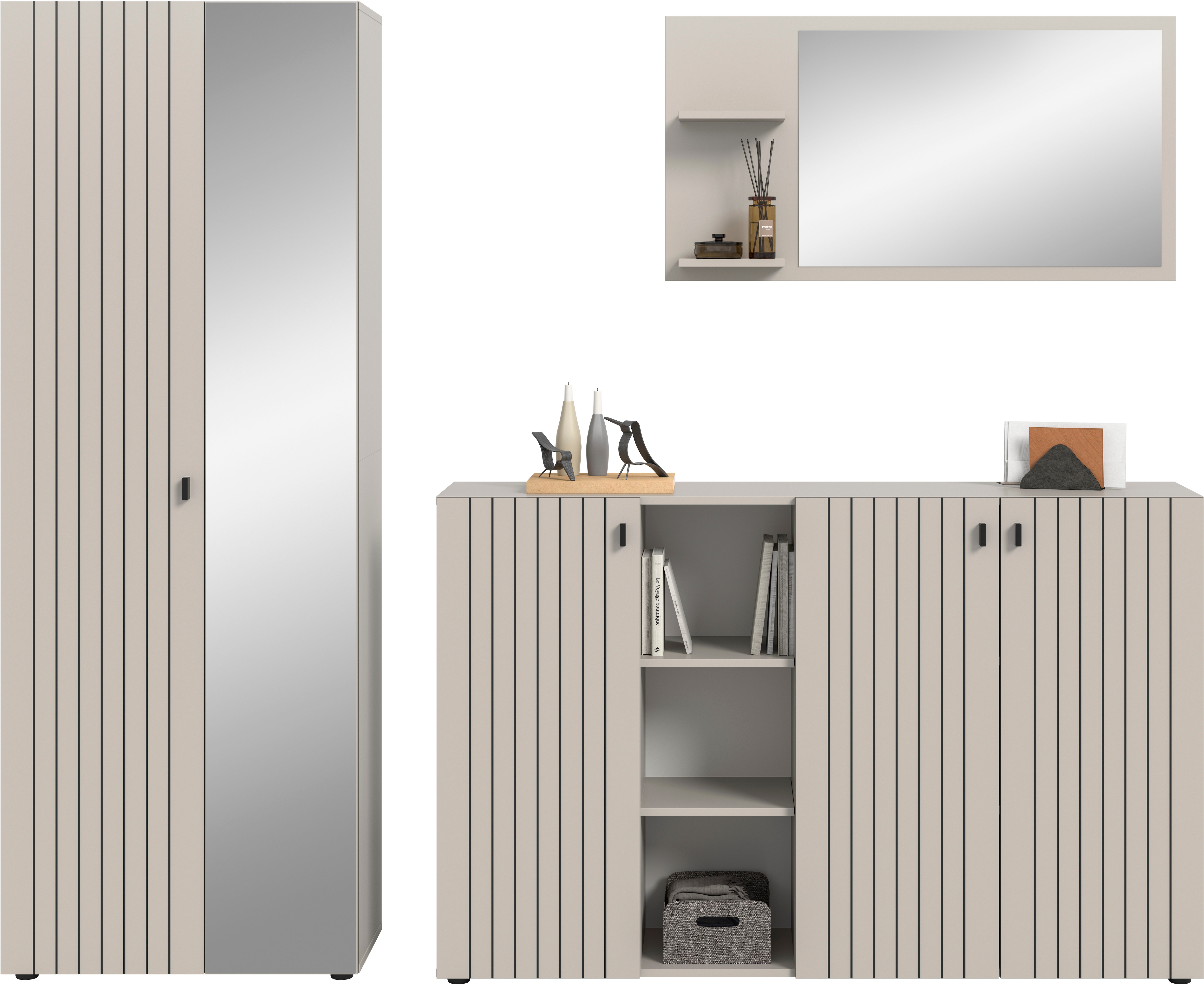 Garderoben-Set INOSIGN "TATIO, 3-tlg. Garderobenkombination, Breite: 235 cm, Rillenfräsung", kashmir nachbildung, B:235cm H:192cm T:37cm, Holzwerkstoff, Kastenmöbel-Sets, Garderobenkombination, Kombi, Flur-Möbel, Spiegel, Kommode