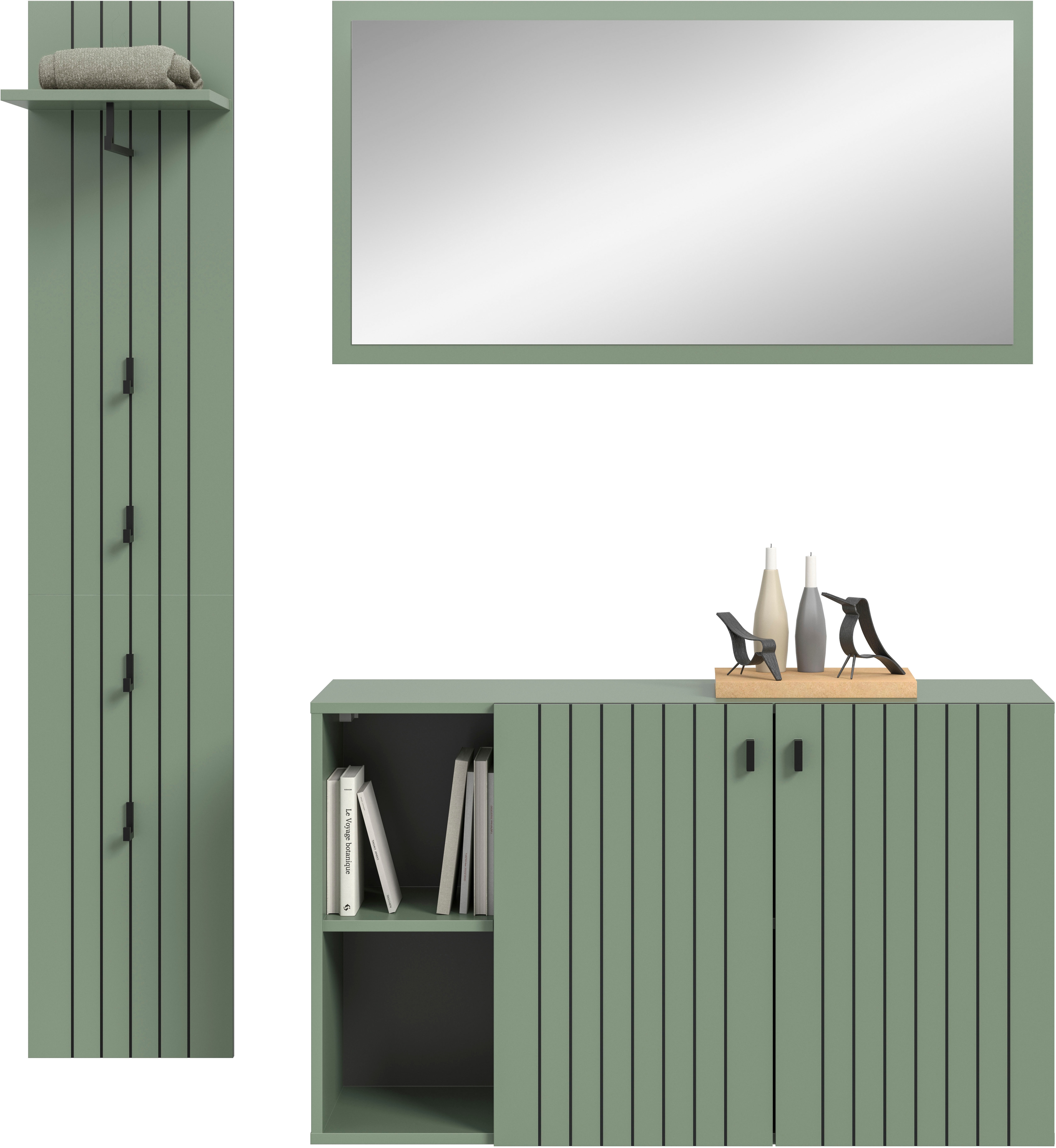 Garderoben-Set INOSIGN "TATIO, 3-tlg. Garderobenkombination, Breite: 152 cm, Rilenfräsung", smoke grün nachbildung, B:152cm H:192cm T:37cm, Holzwerkstoff, Kastenmöbel-Sets, Garderobenkombination, Kombi, Flur-Möbel, Spiegel,Schuhkommode