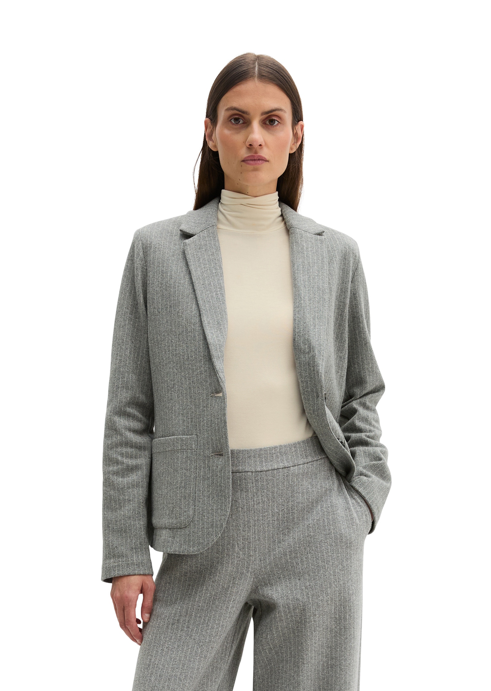 Jerseyblazer MARC O'POLO "aus Organic-Cotton-Mix", Damen, Gr. 38, light grau, Jersey, Obermaterial: 91% Baumwolle, 8% Polyester, 1% Elasthan, gestreift, regular fit normal, normaler Saum, Blazer