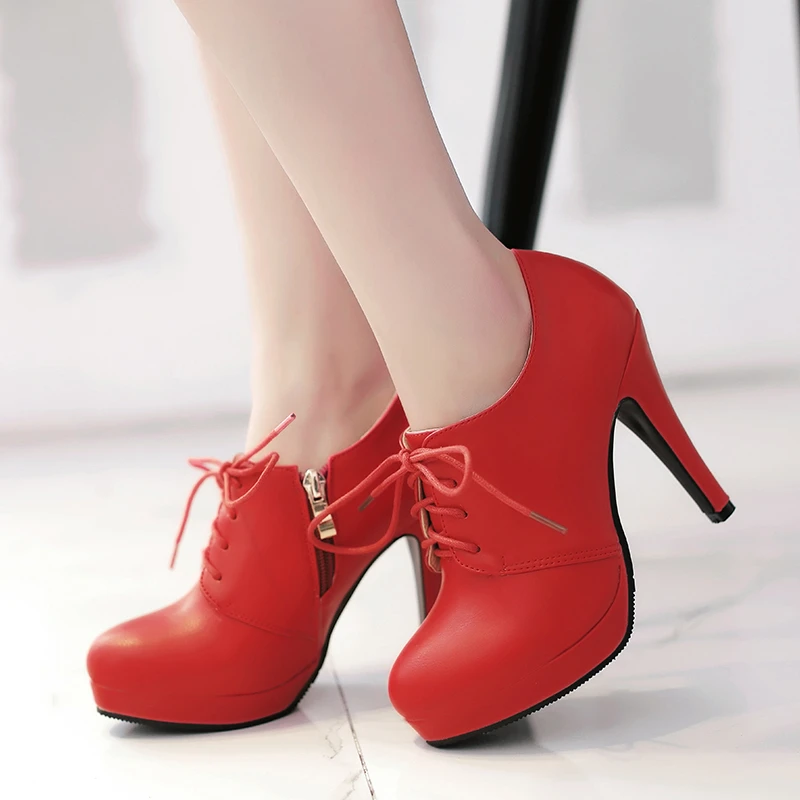 Elegante Rot Rosa Heels frauen Pumpt Schuhe Plattform Lace Up High Heels OL Arbeits Party Hochzeit Schuhe Weibliche Stiefeletten frühling