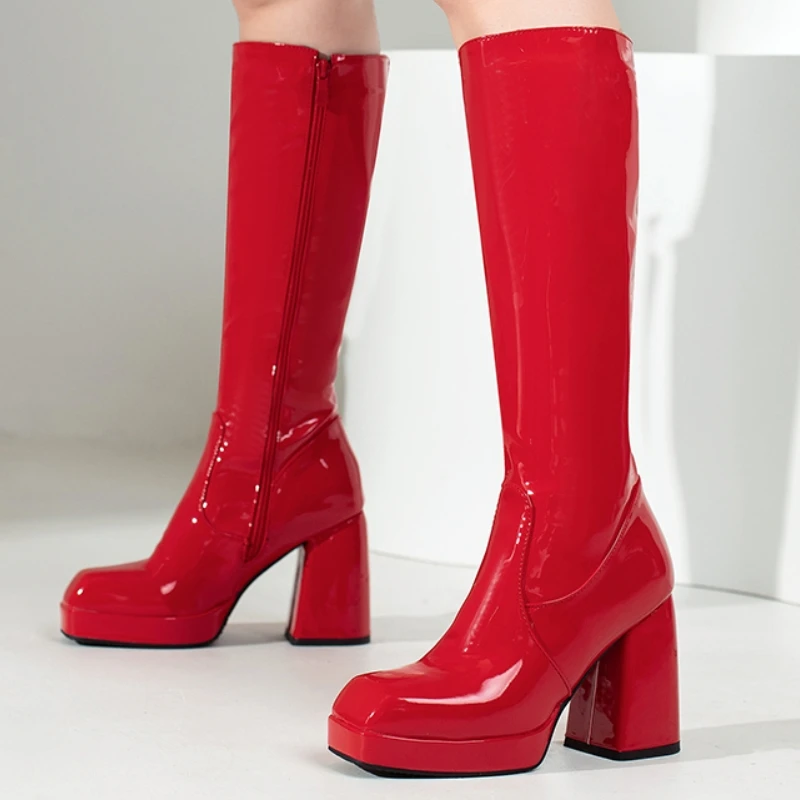 Schwarz Weiß Rot Kniehohe Stiefel Frauen Plattform Winter Herbst Schuhe Damen Sexy Patent frauen Lange Schuhe Boot Große Größe 45