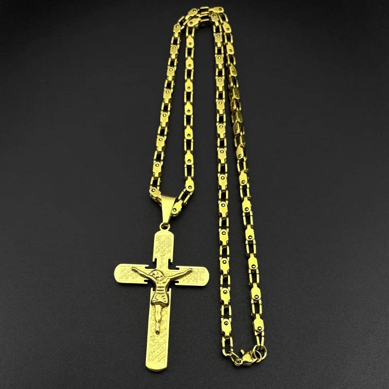Punk Hip Hop Rock Jesus Kruzifix Kreuz Halskette für Frauen Männer Edelstahl Gold Silber Farbe Kette Gebet Schmuck Party Geschenk