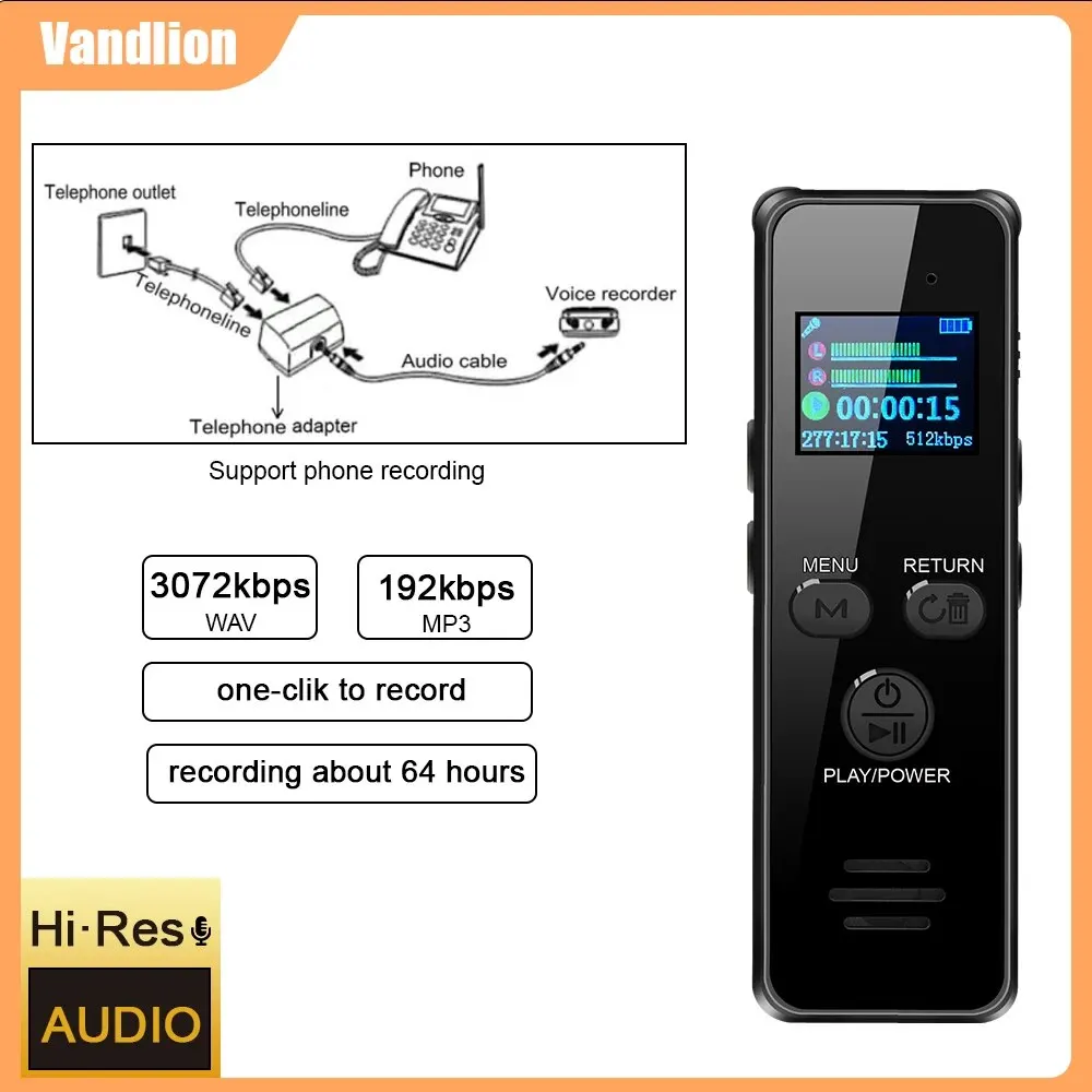 Vandlion V59 Diktiergerät, Rauschunterdrückung, tragbarer Mini-MP3-Musik-Player, USB-Treiber, Diktiergerät für Interview-Sprache Image