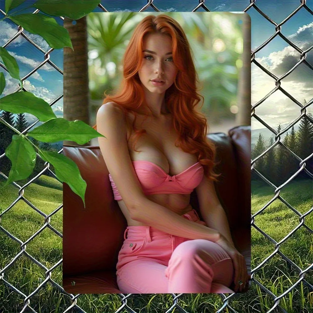 Vintage-Wandkunstdekoration aus Metall – Elegante rothaarige Dame in Rosa, rustikale Dekoration für das Heimbüro, saisonale ästhetische Metallplakette