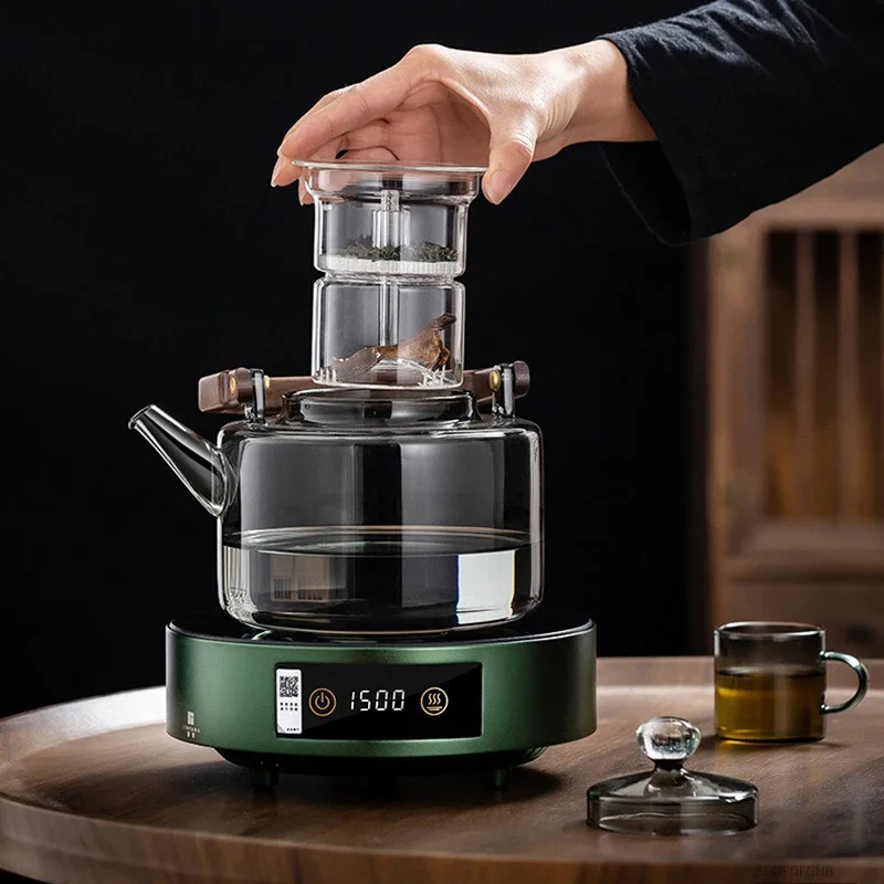 JUSTINLAU 1.3L Glass Teapot Integrated Steaming&Boiling Kettle with Thickened Filter&Wooden Handle Household Kung Fu Tea Set
