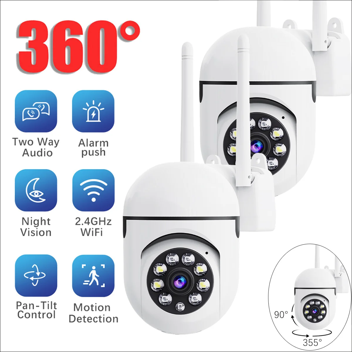 2 Packungen kabellose Überwachungskamera 1080P HD WiFi-Überwachungskamera Farbnachtsicht 360 ° Schwenk-/Neige-Zoom-Hausschutz