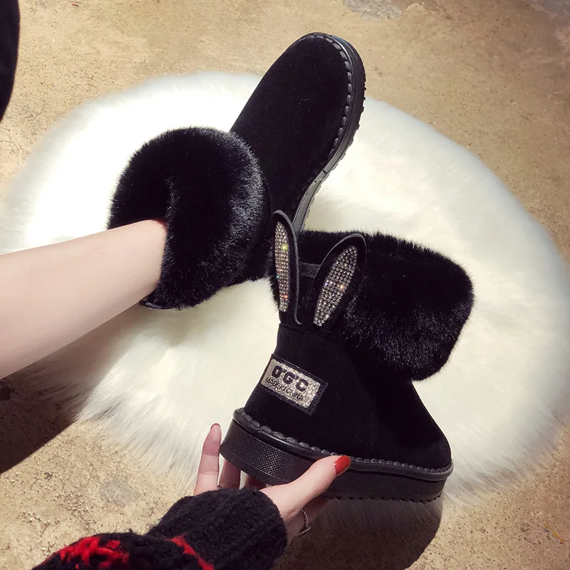 Stiefeletten für Frauen Frauen Stiefel Aus Echtem Leder Echt Fox Pelz Marke Winter Schuhe Warme Schwarz Runde Kappe Casual Weibliche Schnee Stiefel