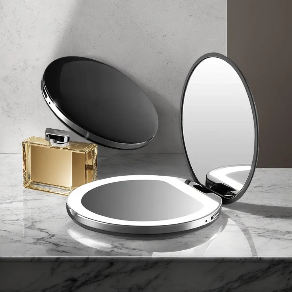 Niedlicher moderner runder wiederaufladbarer Taschenspiegel – LED-Schönheitsspiegel für Frauen