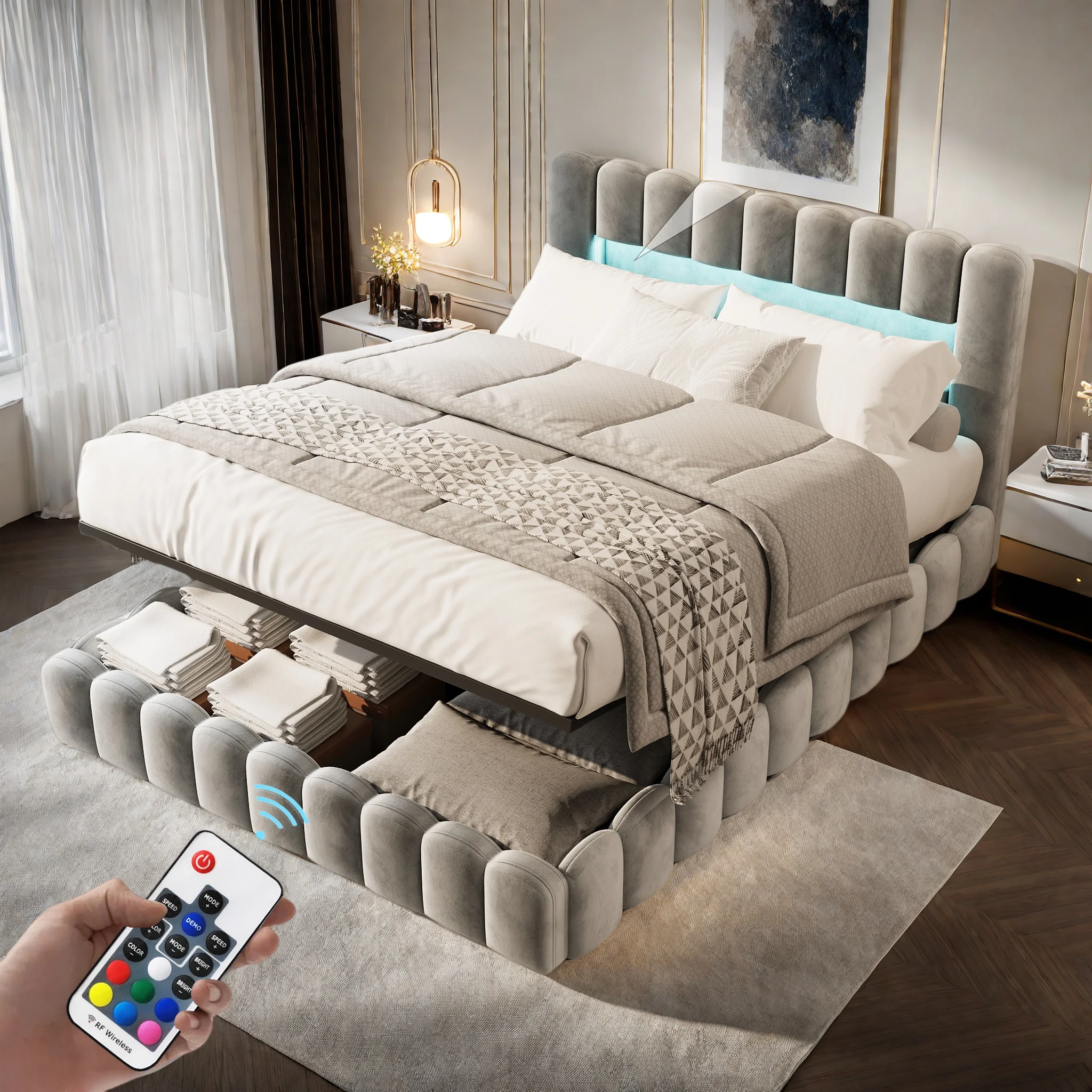 Fangange Polsterbett, 140/160/180 x 200 cm, eingebettete Matratze, Doppelbett mit weicher Rückenlehne, Kopfteil mit LED/USB-Anschluss, keine Matratze