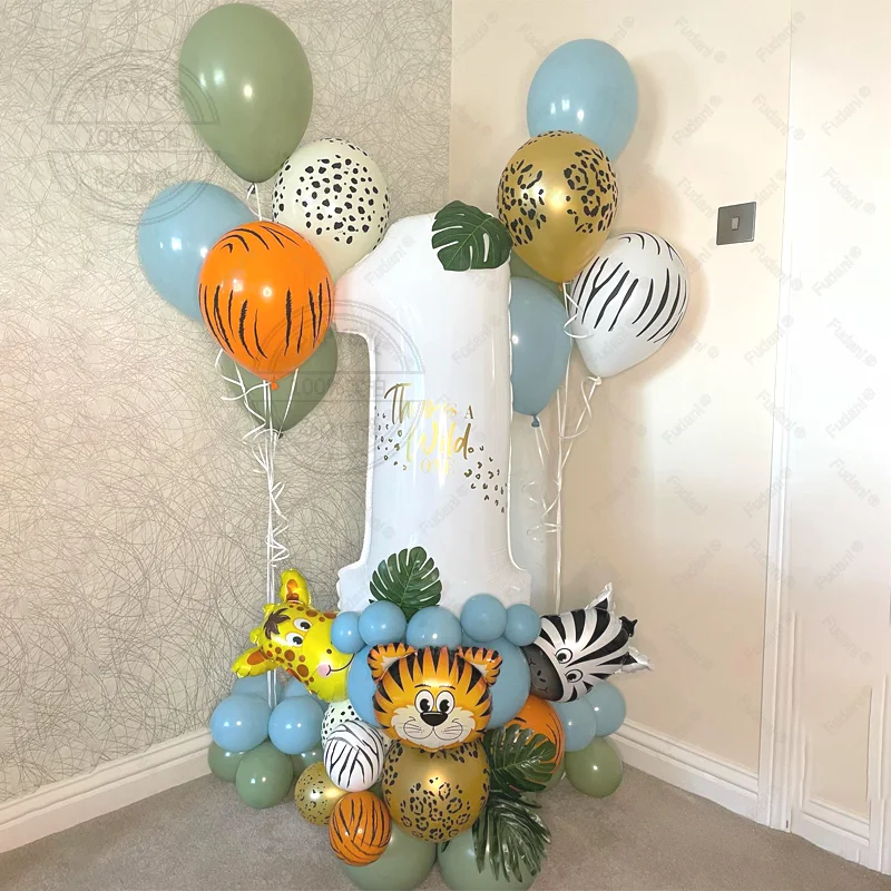 40 Stück neue Dschungel-Retro-Tier-Luftballons für Kindergeburtstag Nummer 1-9 Party-Dekorationsset mit digitalen Säulen Tiger Löwe Image
